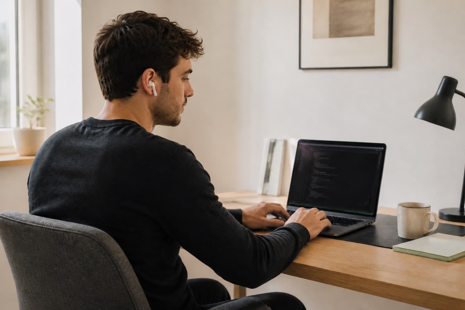 A developer facing a Mac while wearing AirPods